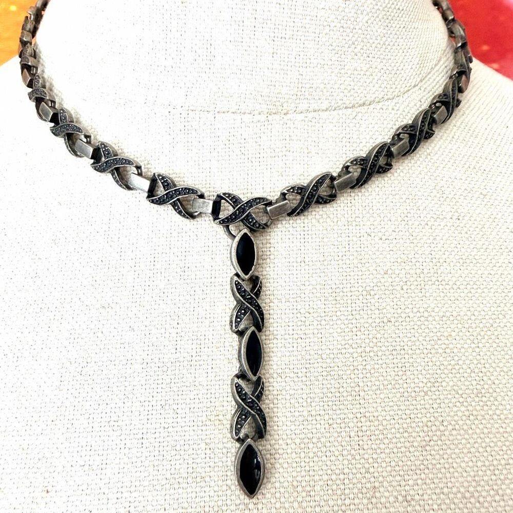 Vintage Art Deco Revival Black Silver Tone Y Drop Necklace